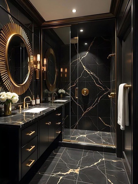 Luxury bathroom remodel with black marble walls, gold arched mirror, brass fixtures, and dark vanity by Jeff Handyman