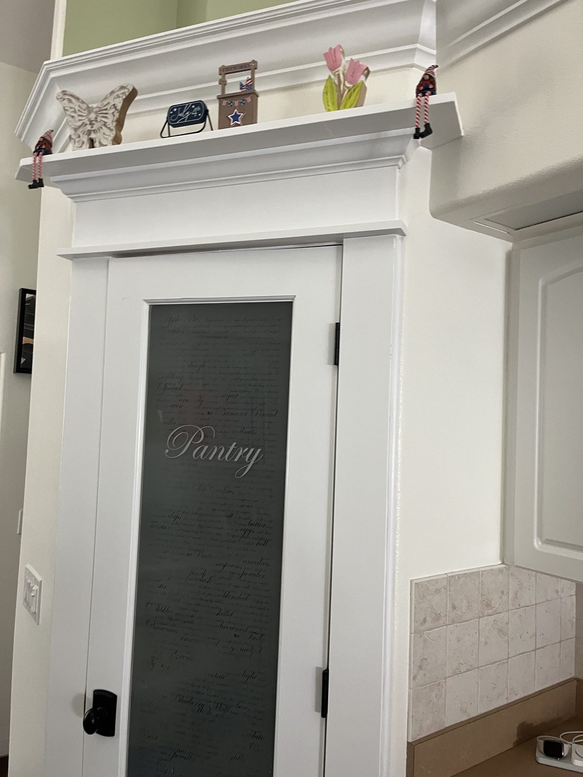 Dark stained interior panel door framed in white wood trim
