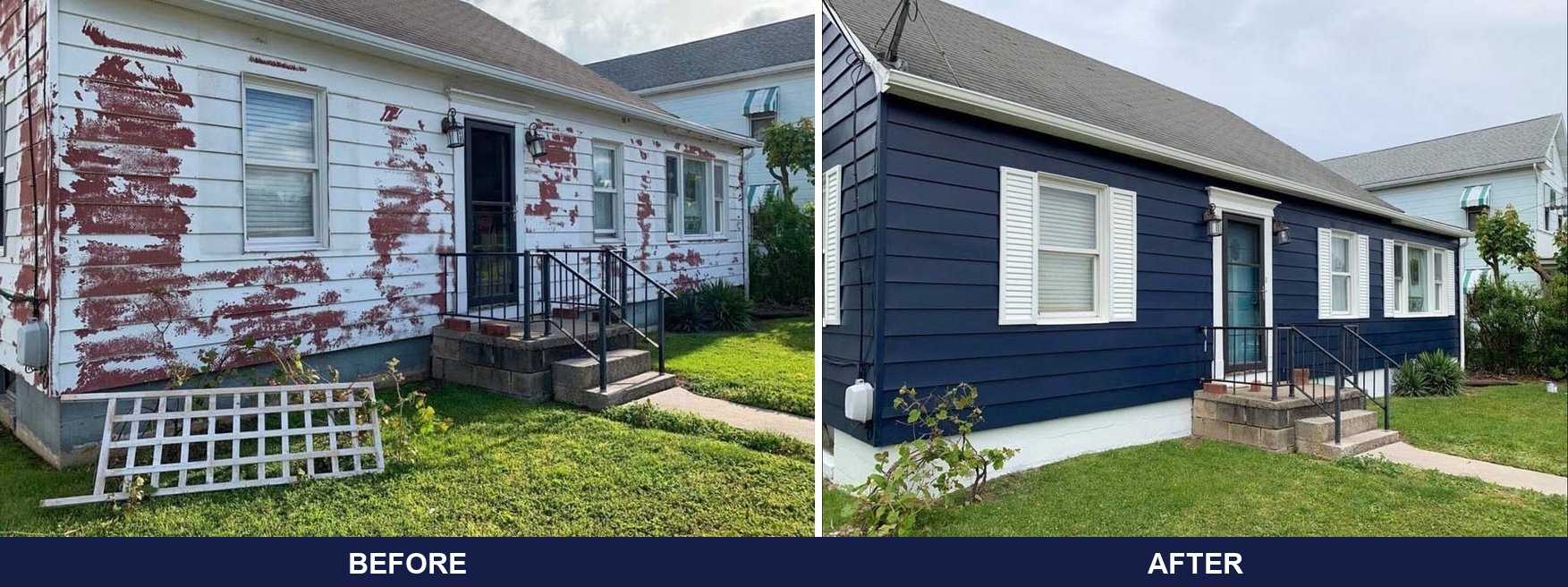Ranch-style Florida home before and after Jeff's exterior repaint: peeling white siding transformed into fresh navy with crisp white trim