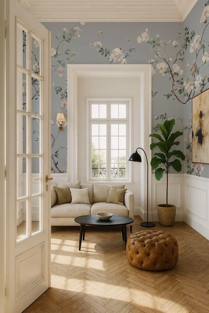 Sitting room with floral branch wallpaper and white French doors installed by Jeff Handyman