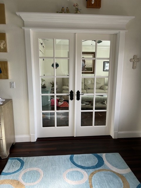 White interior French doors with frosted glass panels installed by Jeff Handyman