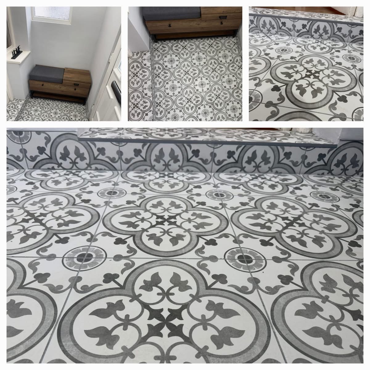 Large Spanish encaustic medallion pattern tile floor installation by Jeff Handyman