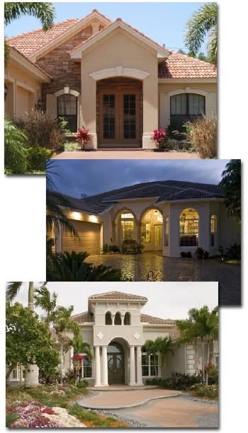 Mediterranean style Florida home with fresh exterior paint, arched entry, and palm landscape lighting