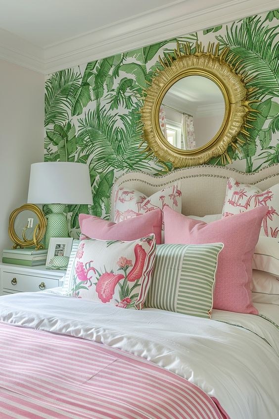 Tropical palm leaf wallpaper accent wall behind a bed with gold sunburst mirror