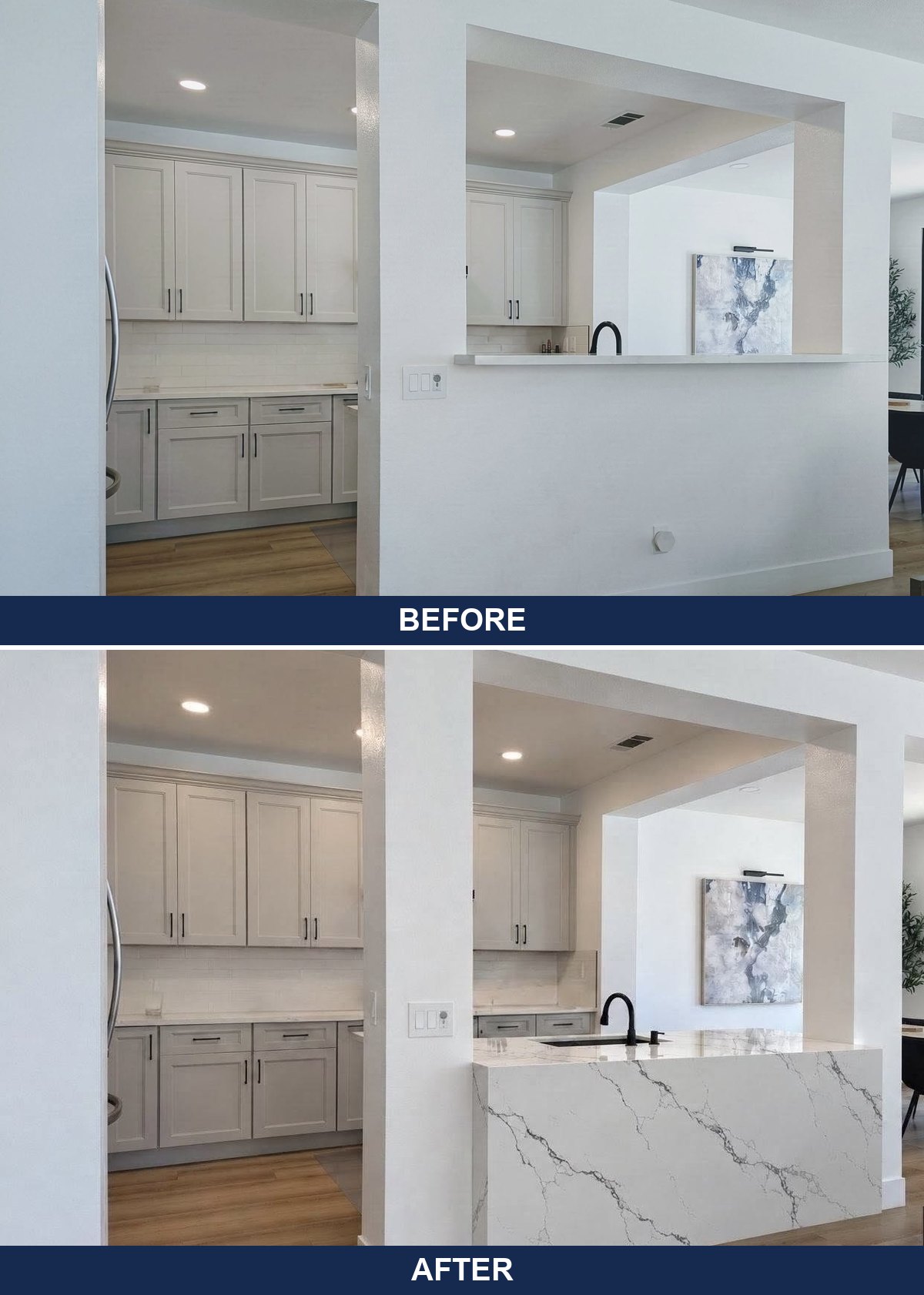 Before and after: a plain half wall pass-through turned into a white quartz waterfall peninsula with an undermount sink by Jeff Handyman
